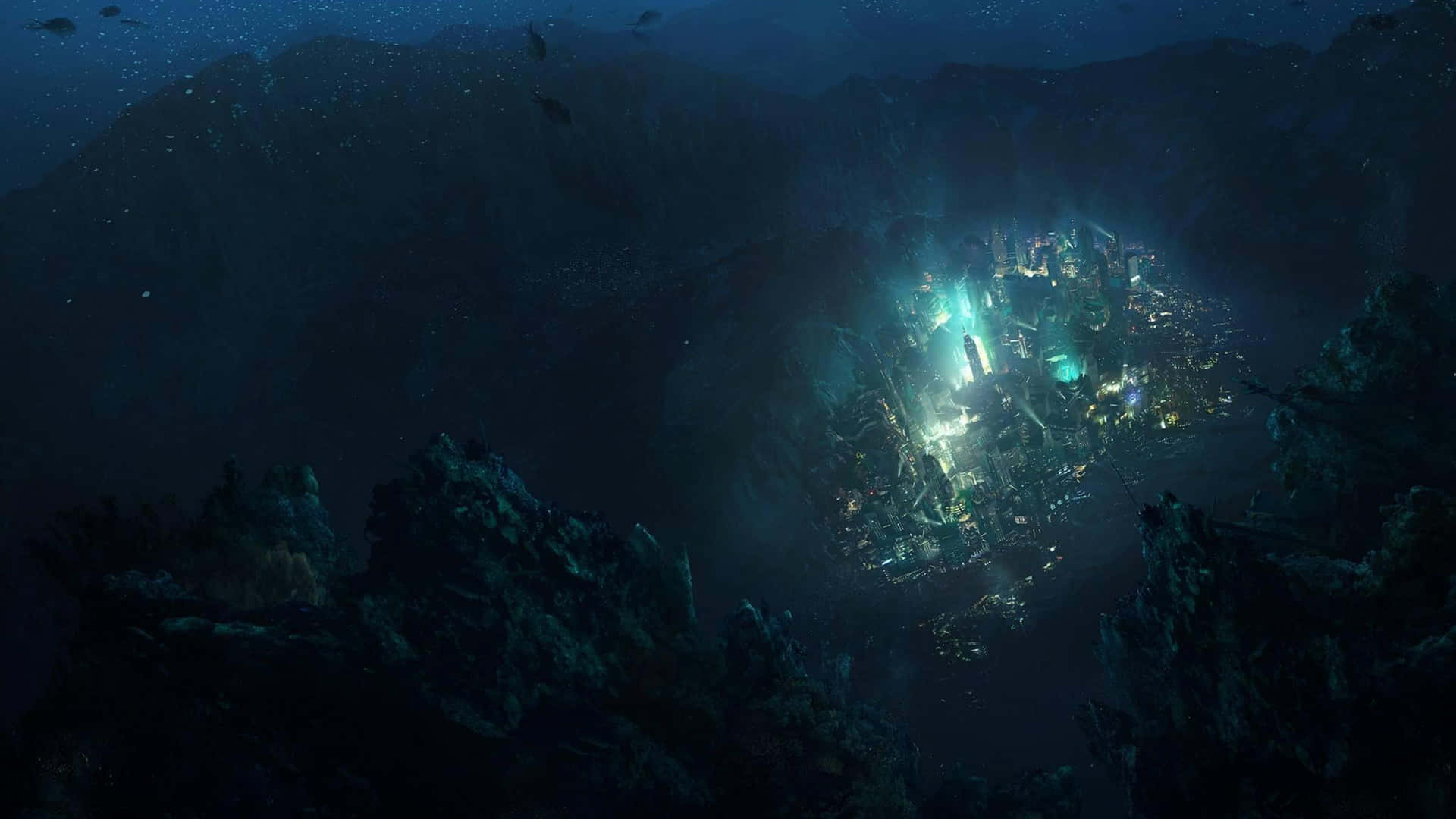 A City In The Ocean With A Glowing Light Background