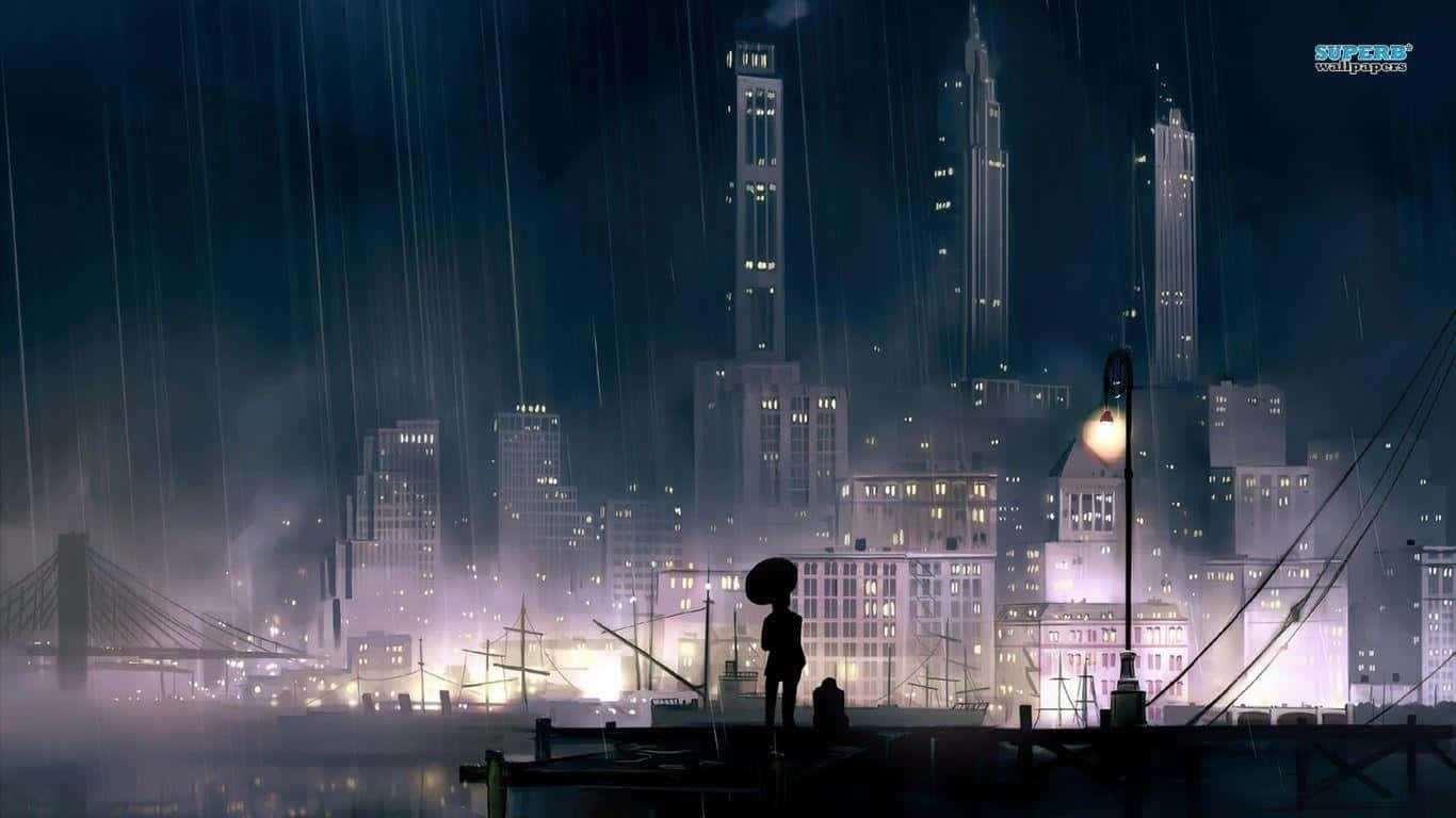 A City In The Rain With A Person Standing In The Water Background