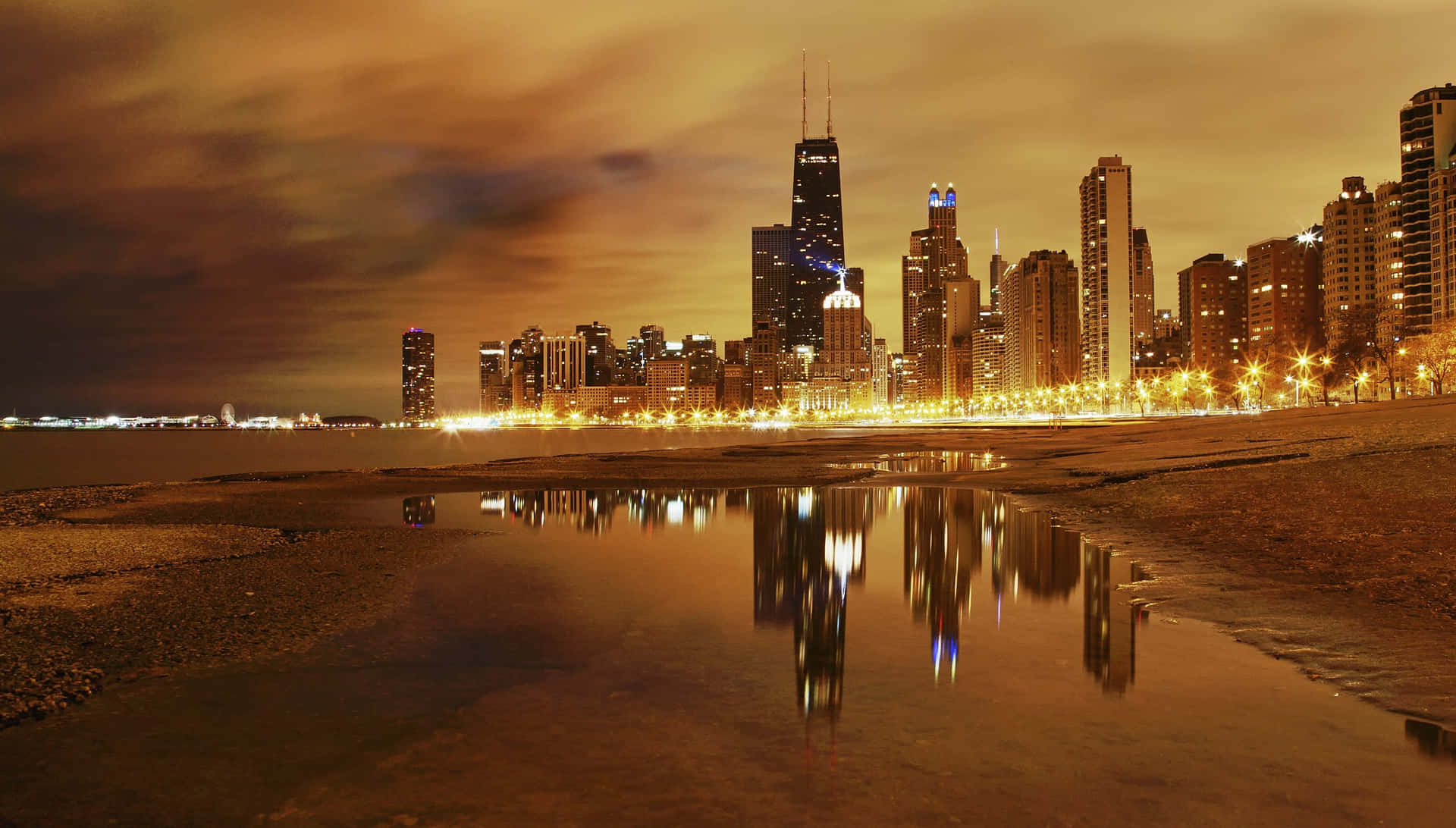A City Skyline Is Reflected In The Water Background