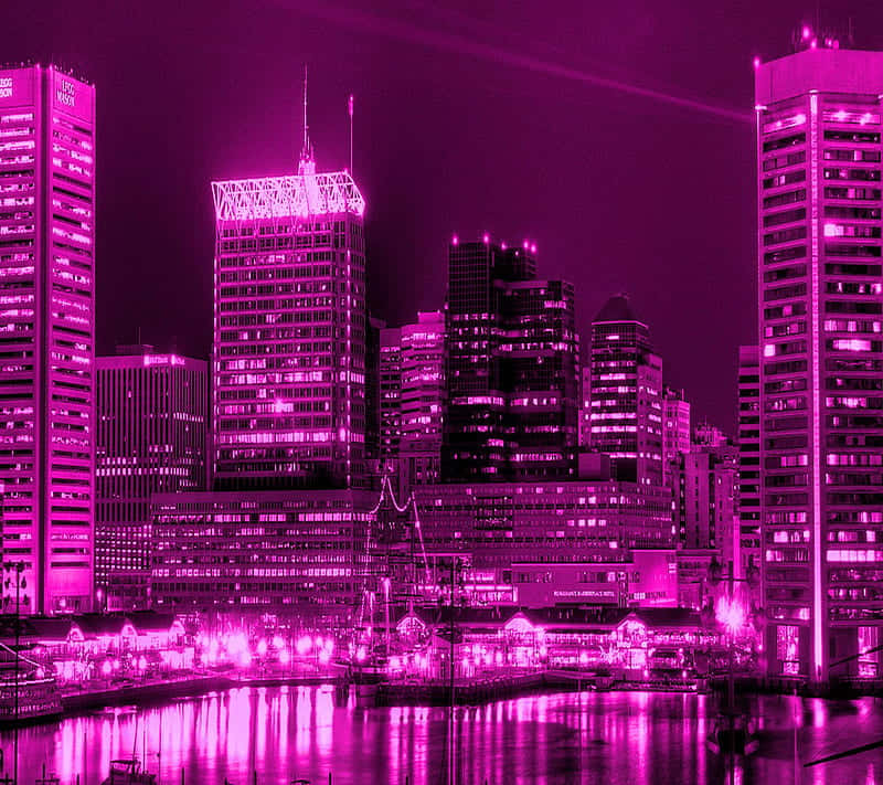 A City Skyline Lit Up In Pink