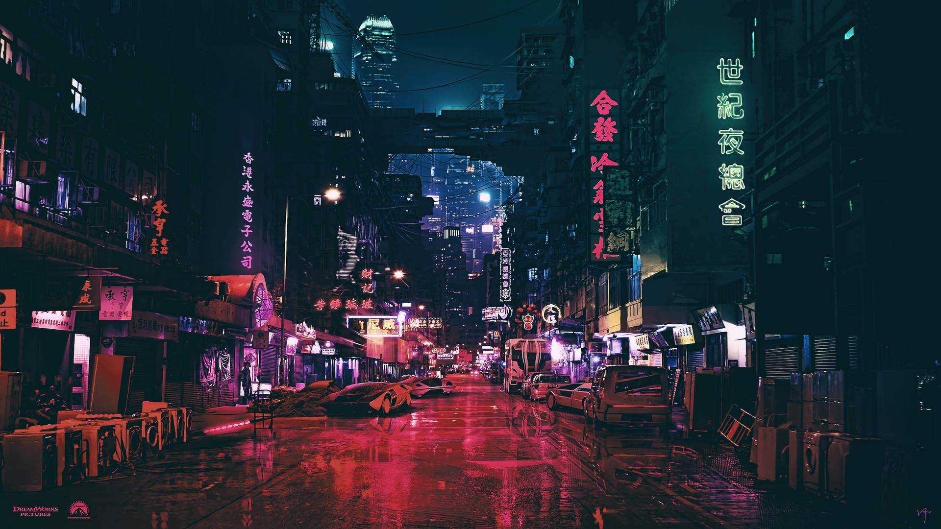 A City Street At Night With Neon Lights Background