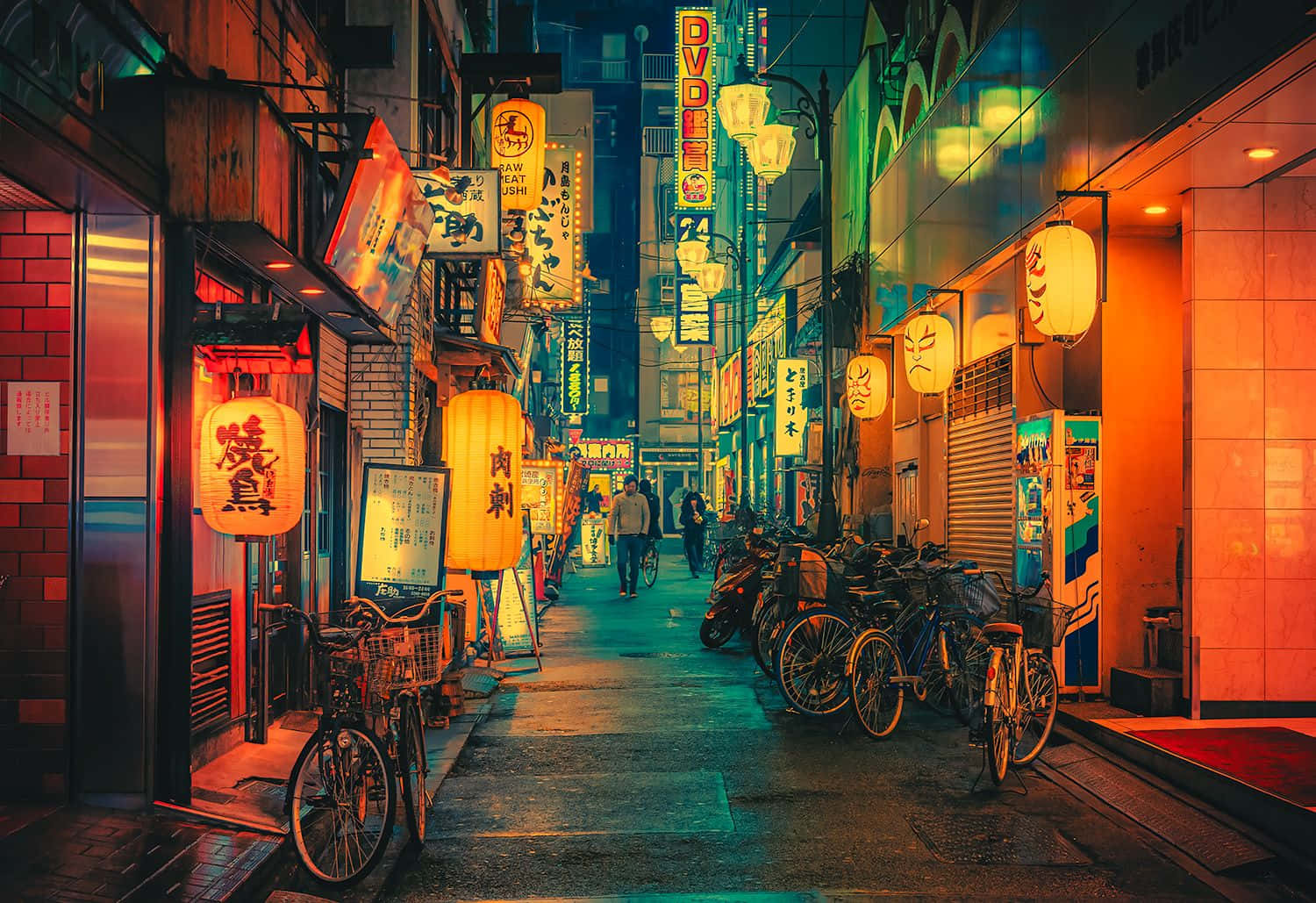 A City Street With Bicycles Parked In It Background