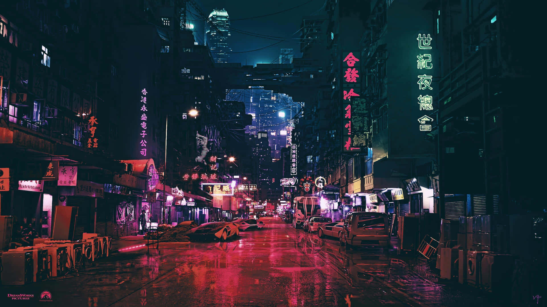 A City Street With Neon Lights And Neon Signs Background