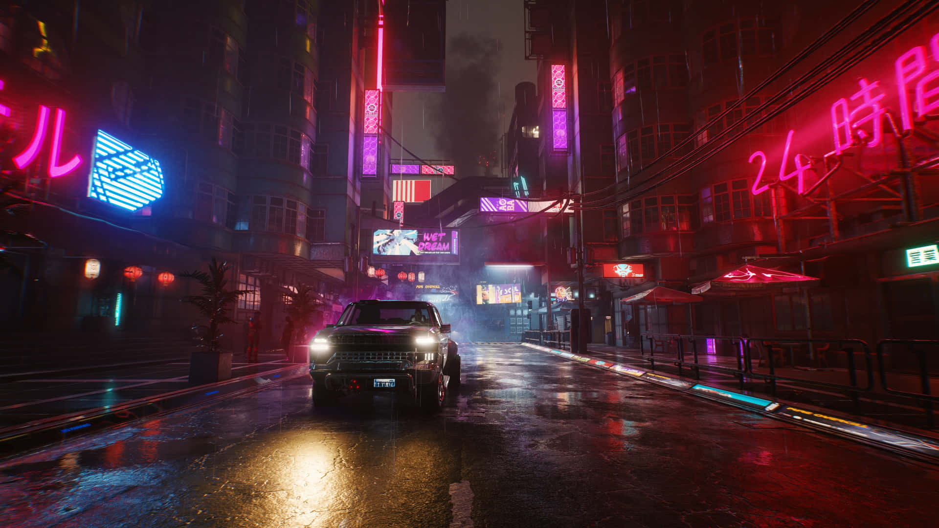 A City Street With Neon Lights And Neon Signs