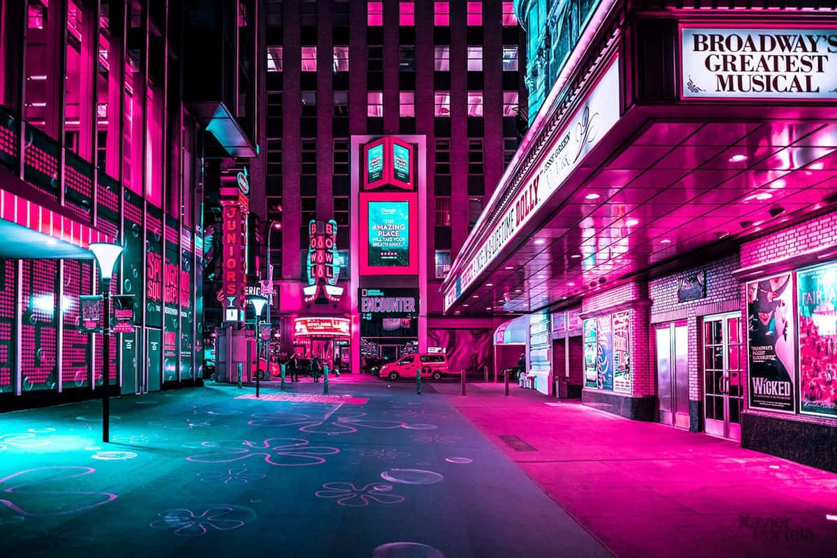 A City Street With Neon Lights Background