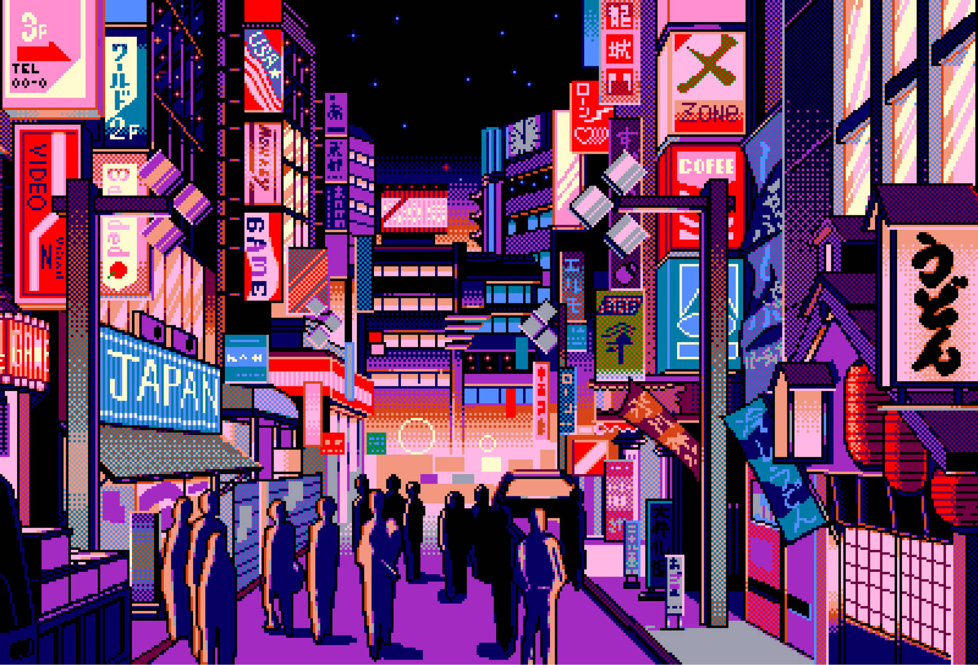 A City Street With Neon Signs Background