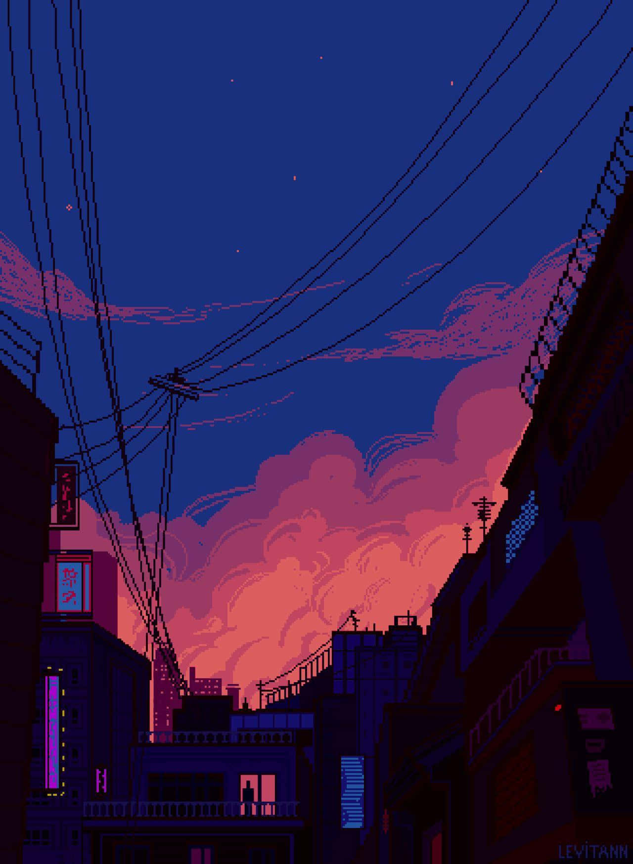 A City With A Blue Sky And A Red Sky Background