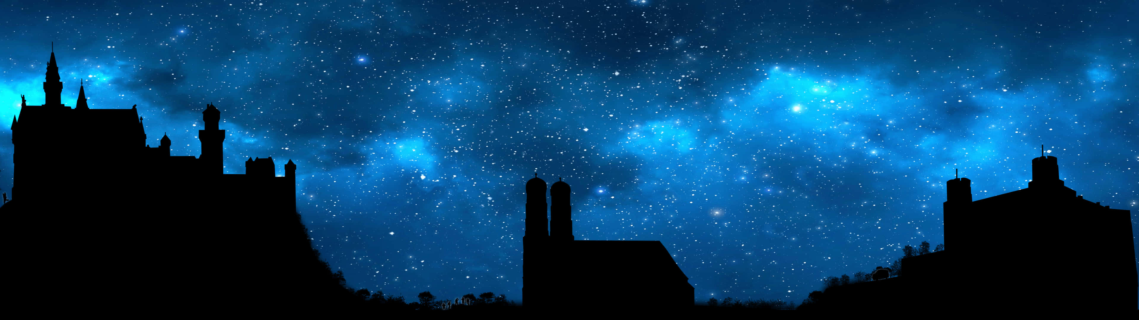 A City With A Blue Sky And Stars Background