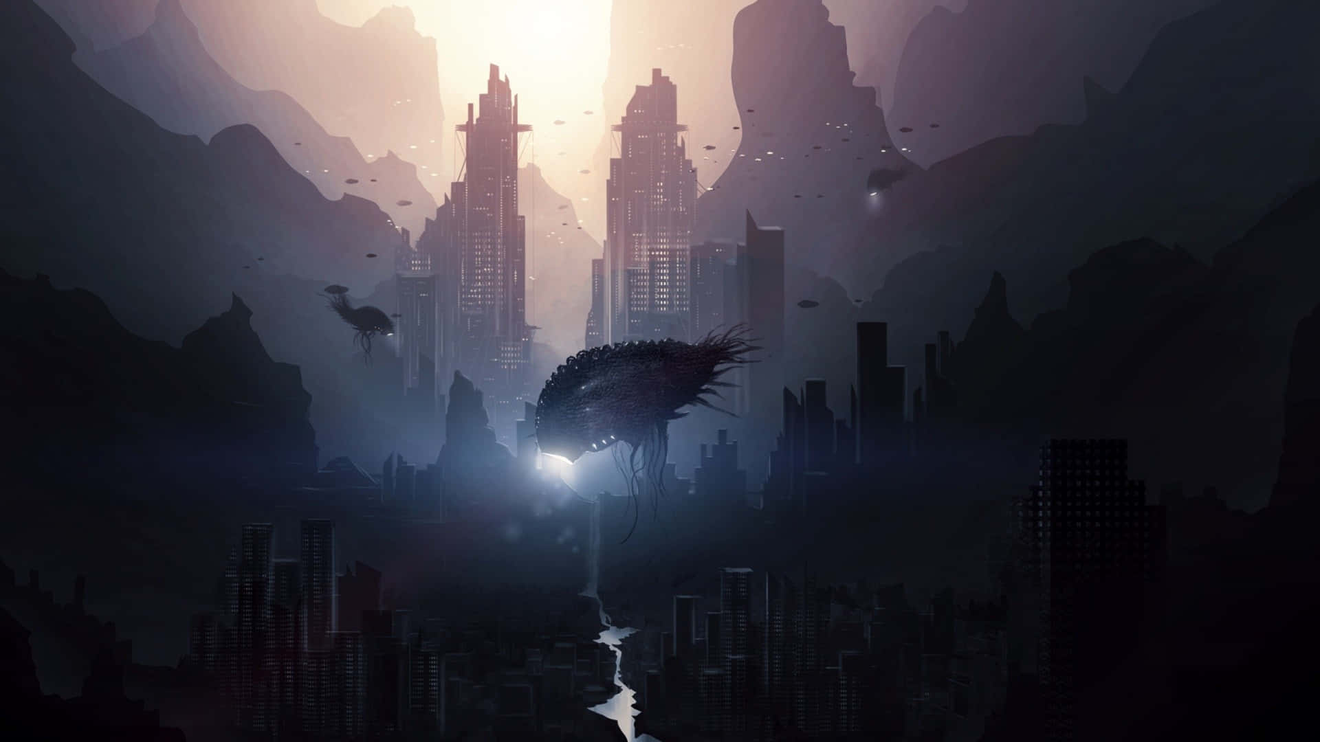 A City With A Flying Ship In The Sky Background
