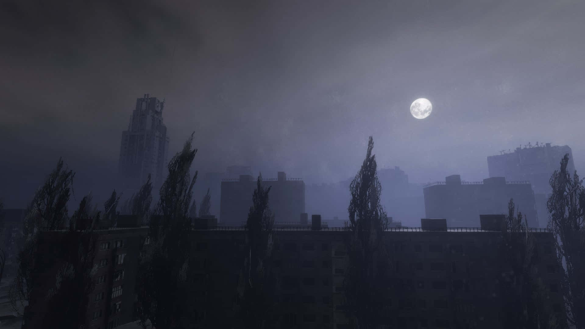 A City With A Full Moon In The Sky Background