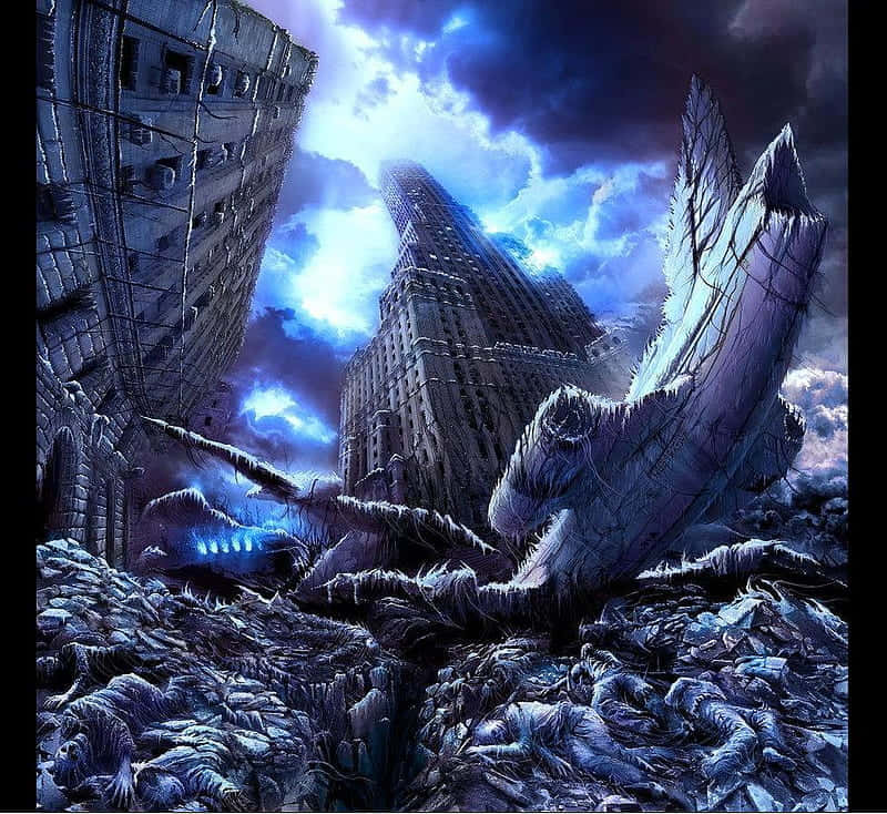 A City With A Large Pile Of Debris Background