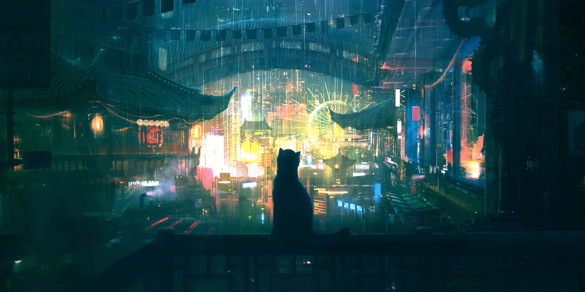 A City With A Lot Of Lights And A Cat Background