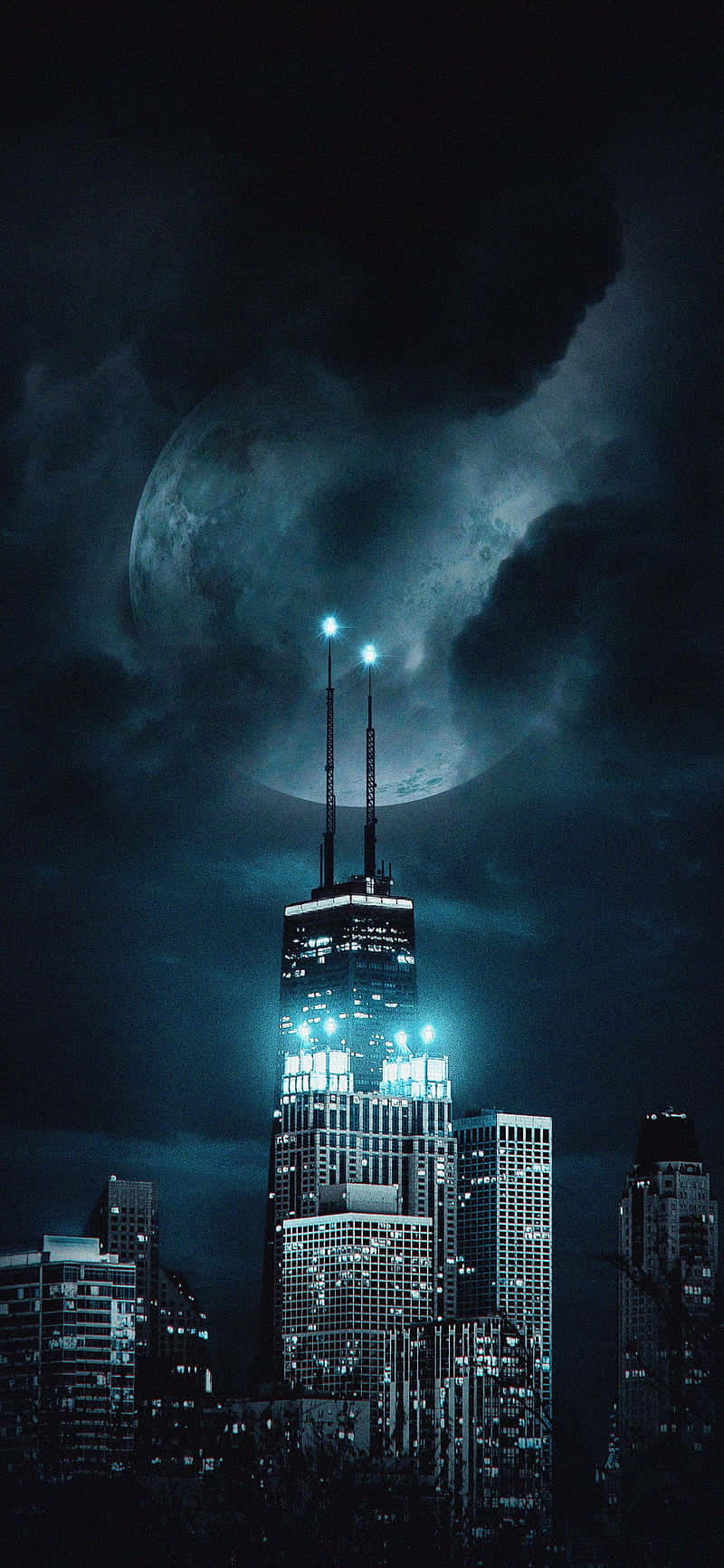 A City With A Moon And A Cityscape Background
