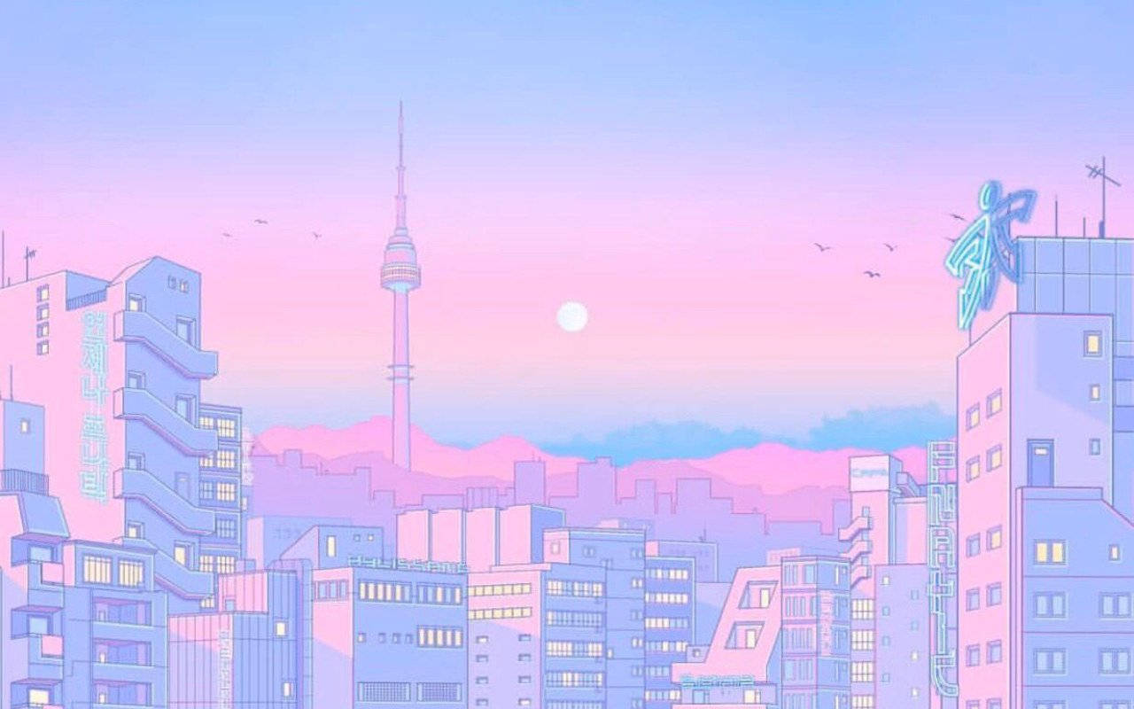 A City With A Pink Sky And Buildings Background