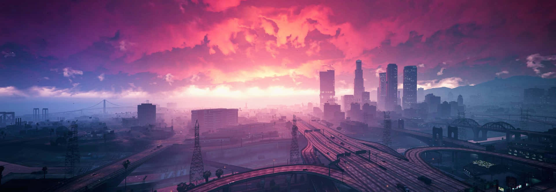 A City With A Purple Sky And A Cityscape Background