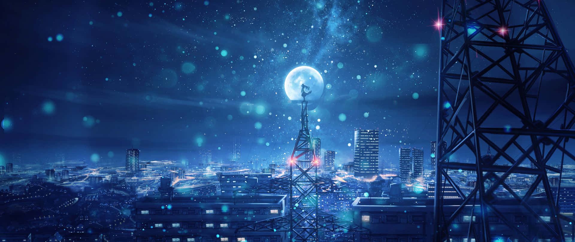 A City With A Radio Tower And A City With A Moon Background