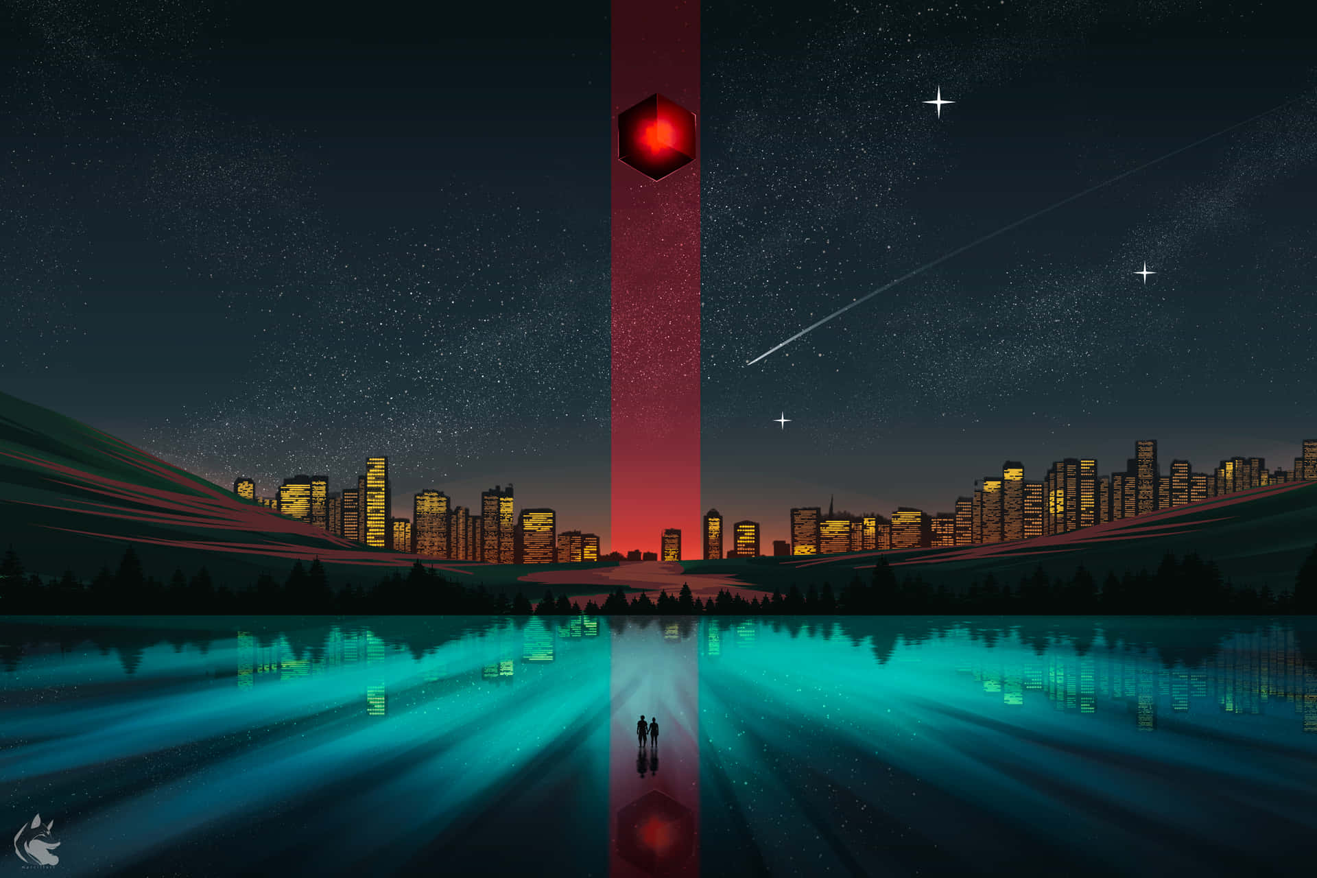 A City With A Red Light In The Sky Background