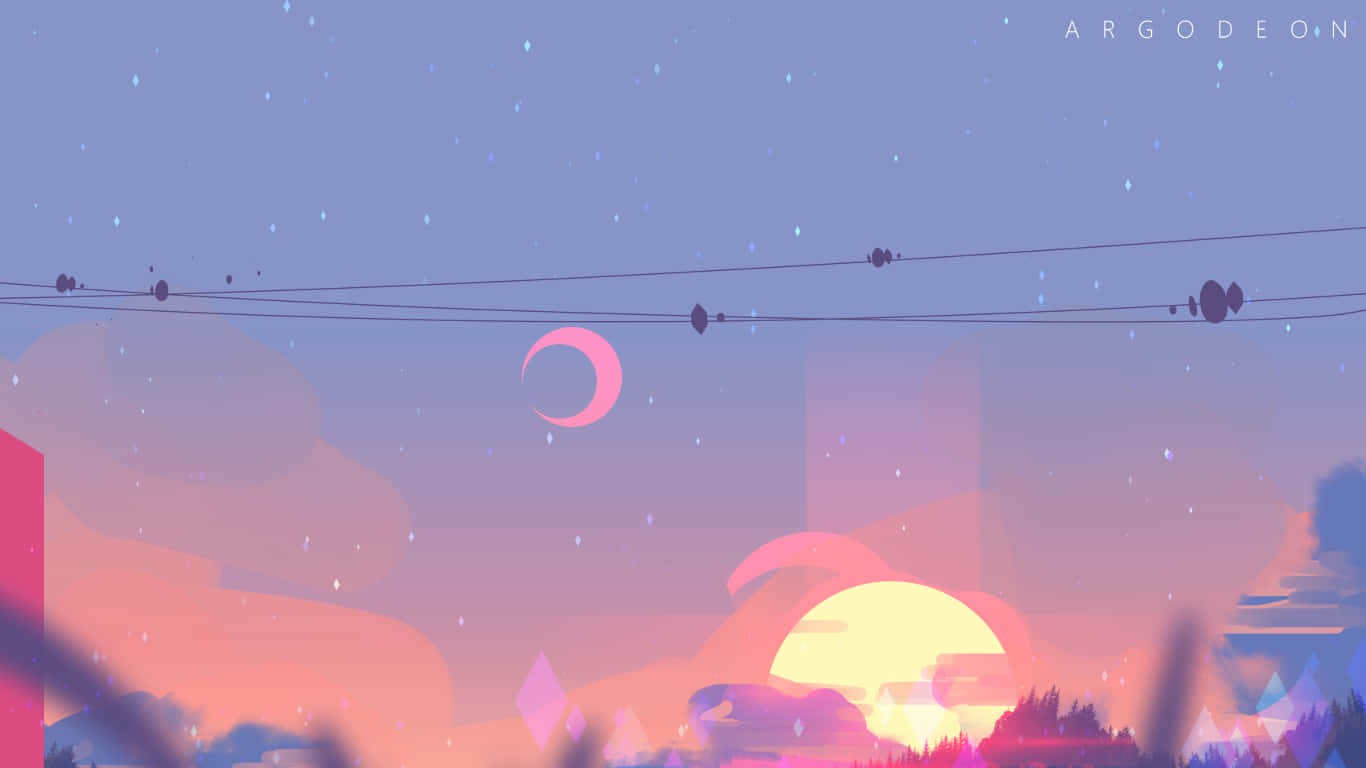 A City With A Sunset And Birds Background