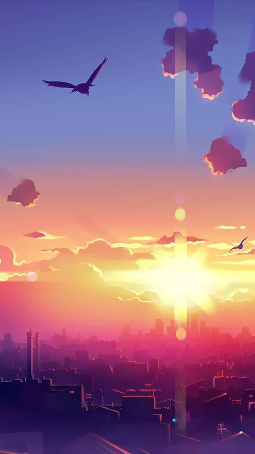 A City With A Sunset And Birds Flying Over It Background
