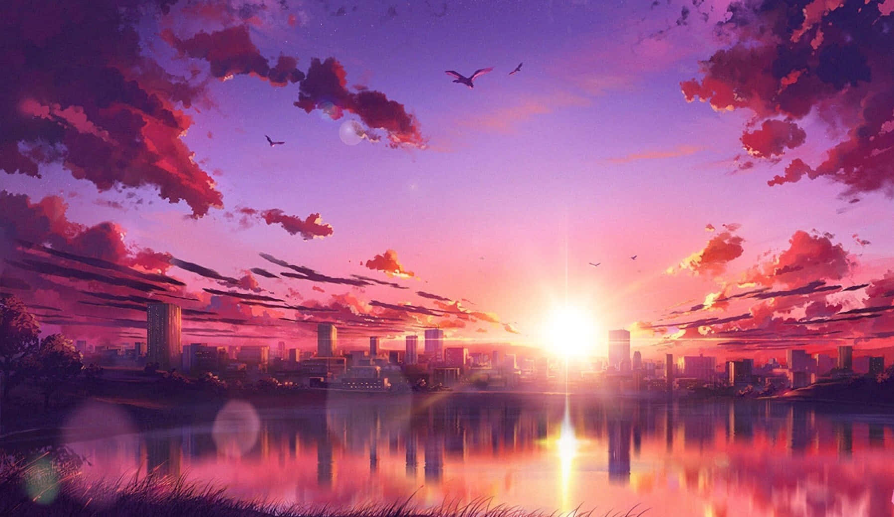 A City With A Sunset Over A Lake Background