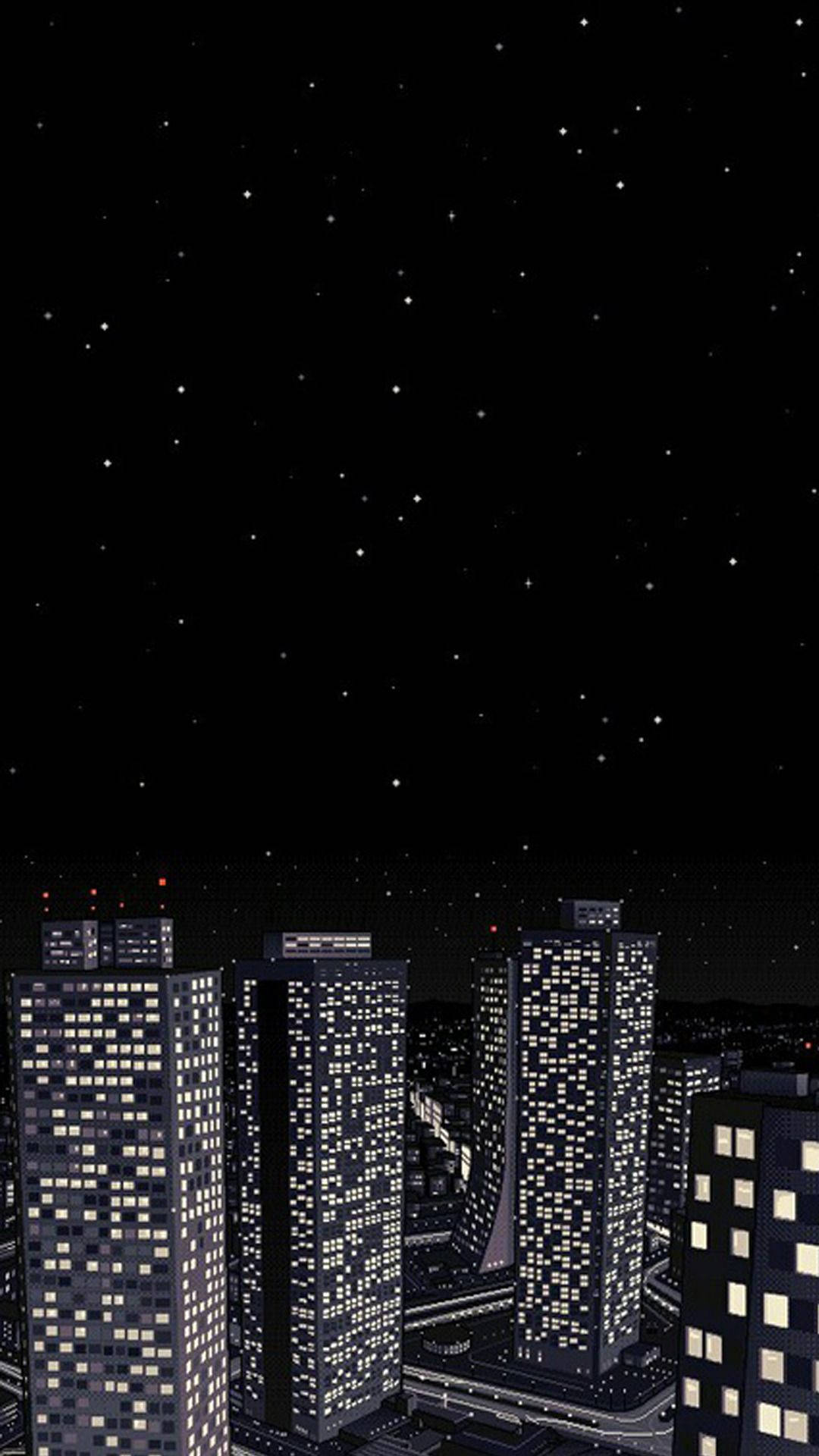 A City With Buildings And A Night Sky Background