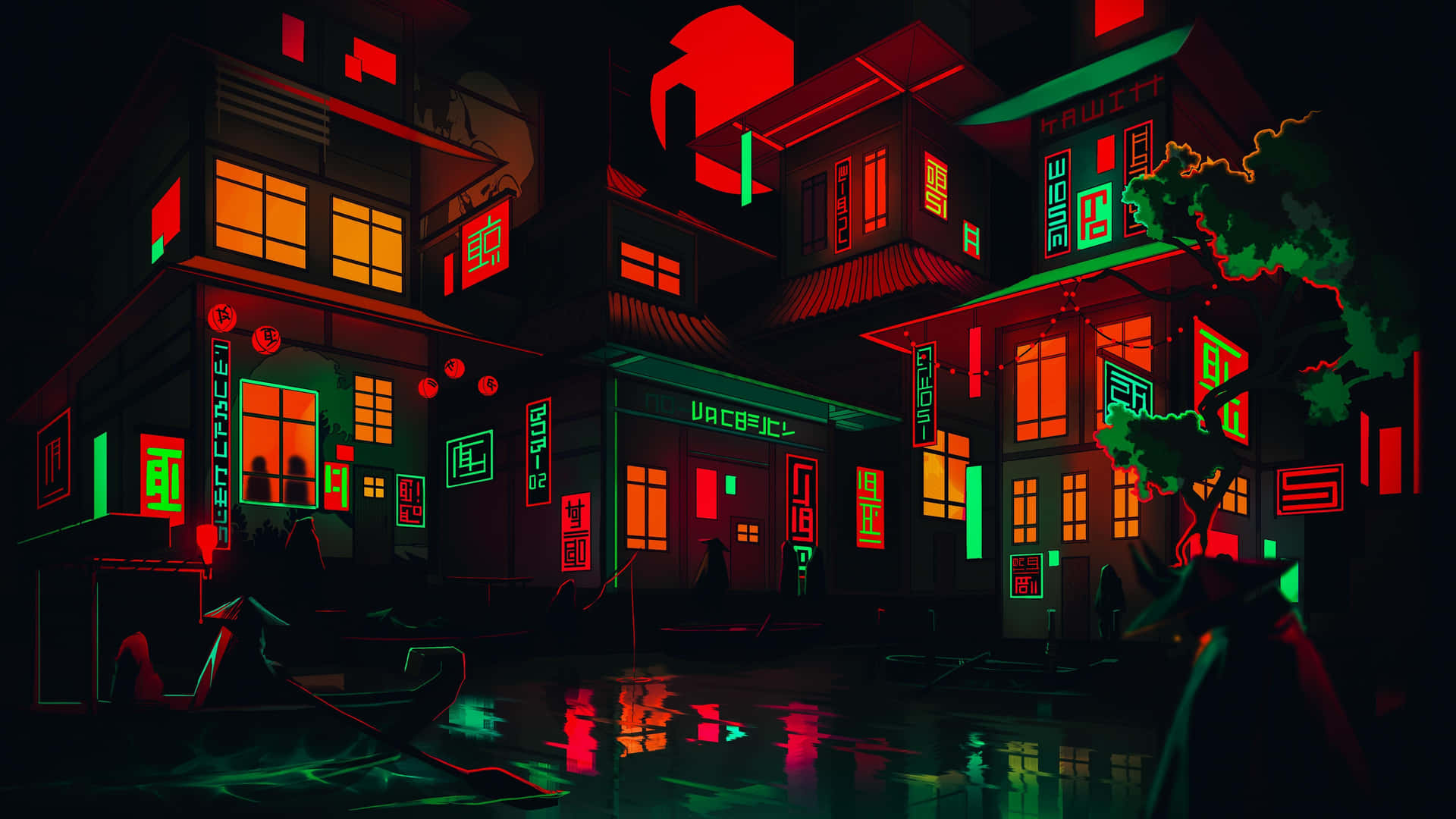 A City With Neon Lights Background