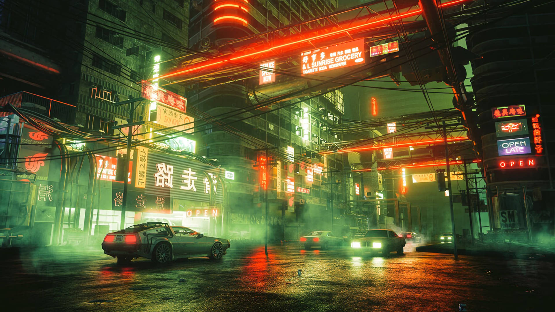 A City With Neon Lights And Cars In The Background Background