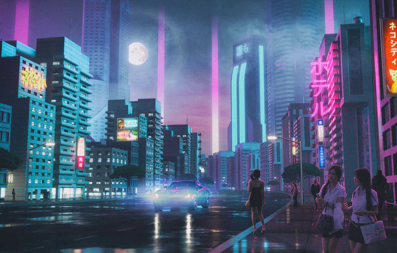 A City With Neon Lights And People Walking Down The Street Background