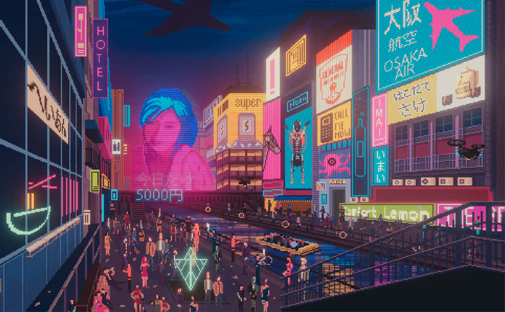 A City With Neon Signs And People Walking Around Background