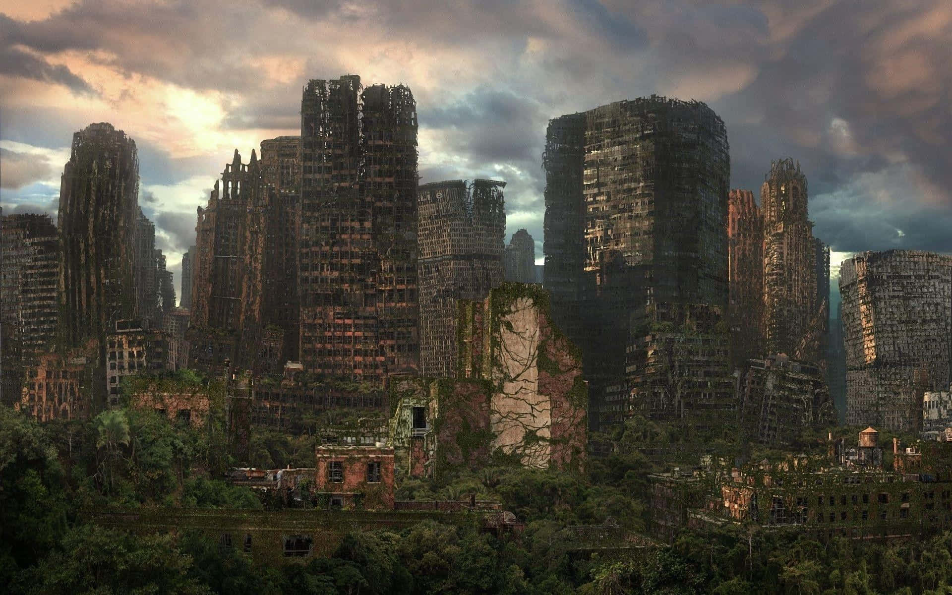 A City With Ruins And Trees In The Background Background