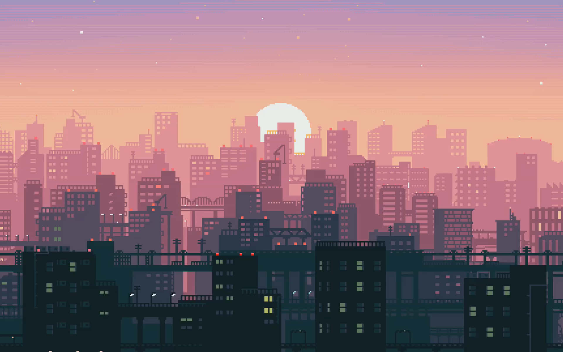 A Cityscape With A City At Sunset