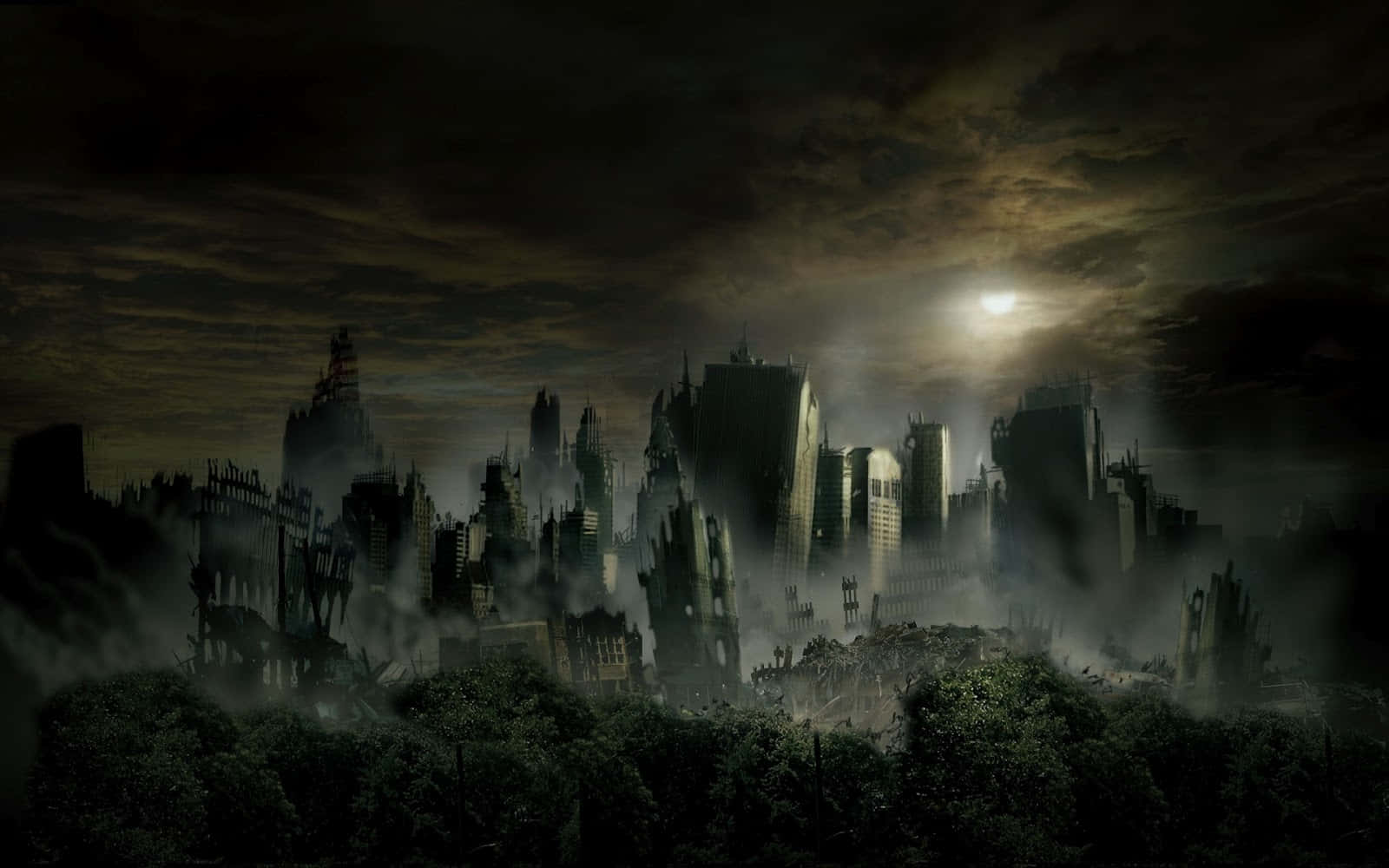 A Cityscape With A Dark Sky And Trees Background