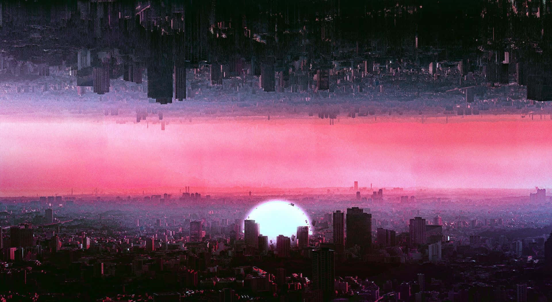 A Cityscape With A Pink Sun And A Pink Sky Background