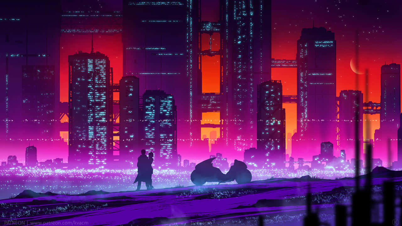 A Cityscape With A Purple Sky And A City Background