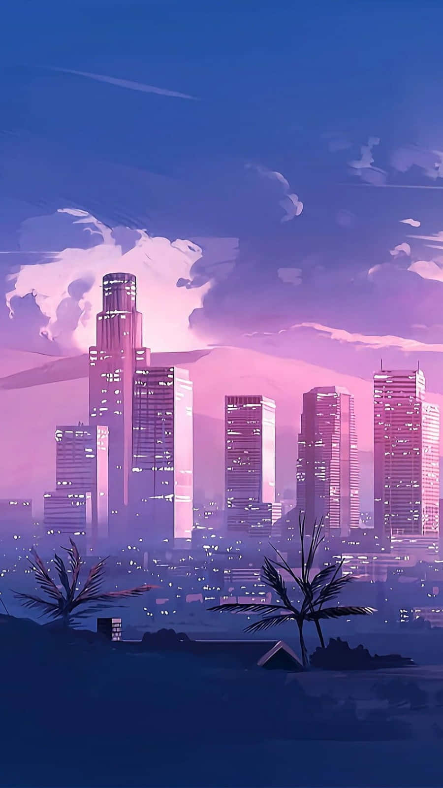 A Cityscape With A Purple Sky And A Sunset Background