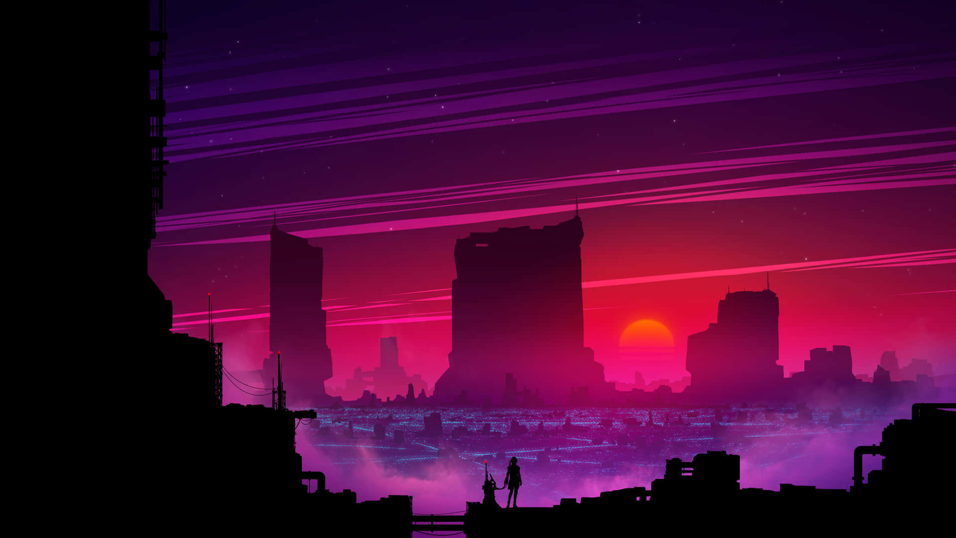 A Cityscape With A Purple Sky And Buildings Background