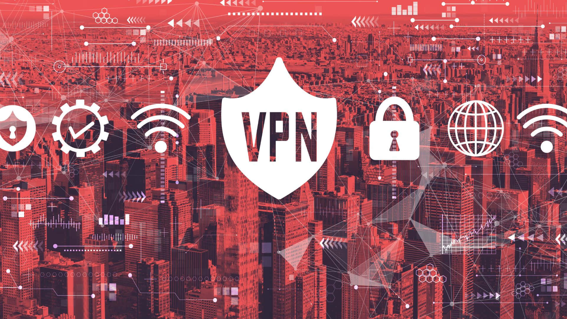 A Cityscape With A Vpn Shield And Other Icons