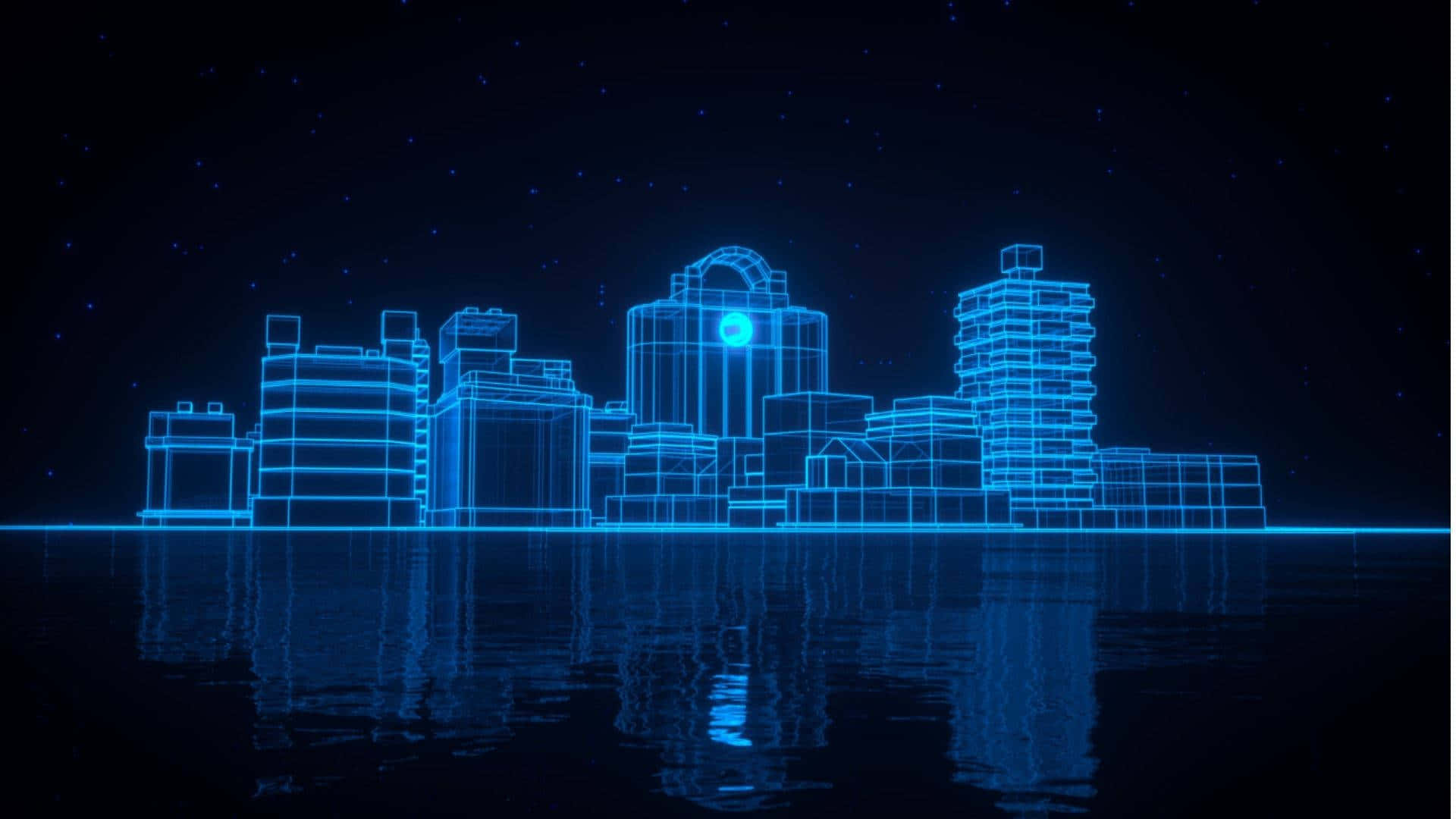 A Cityscape With Blue Lights And A Blue Background Background