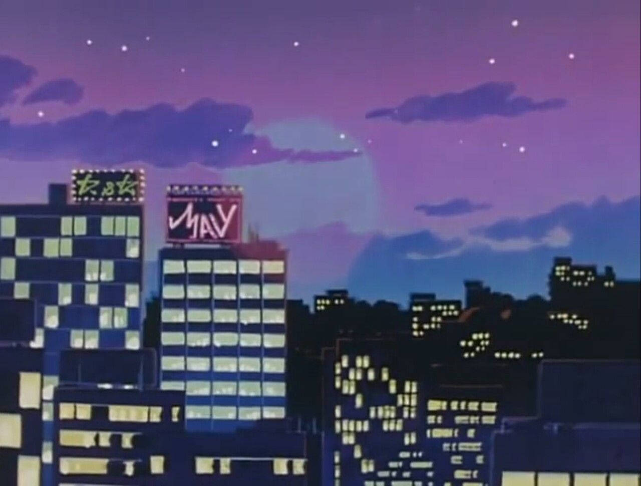 A Cityscape With Buildings And A Moon Background