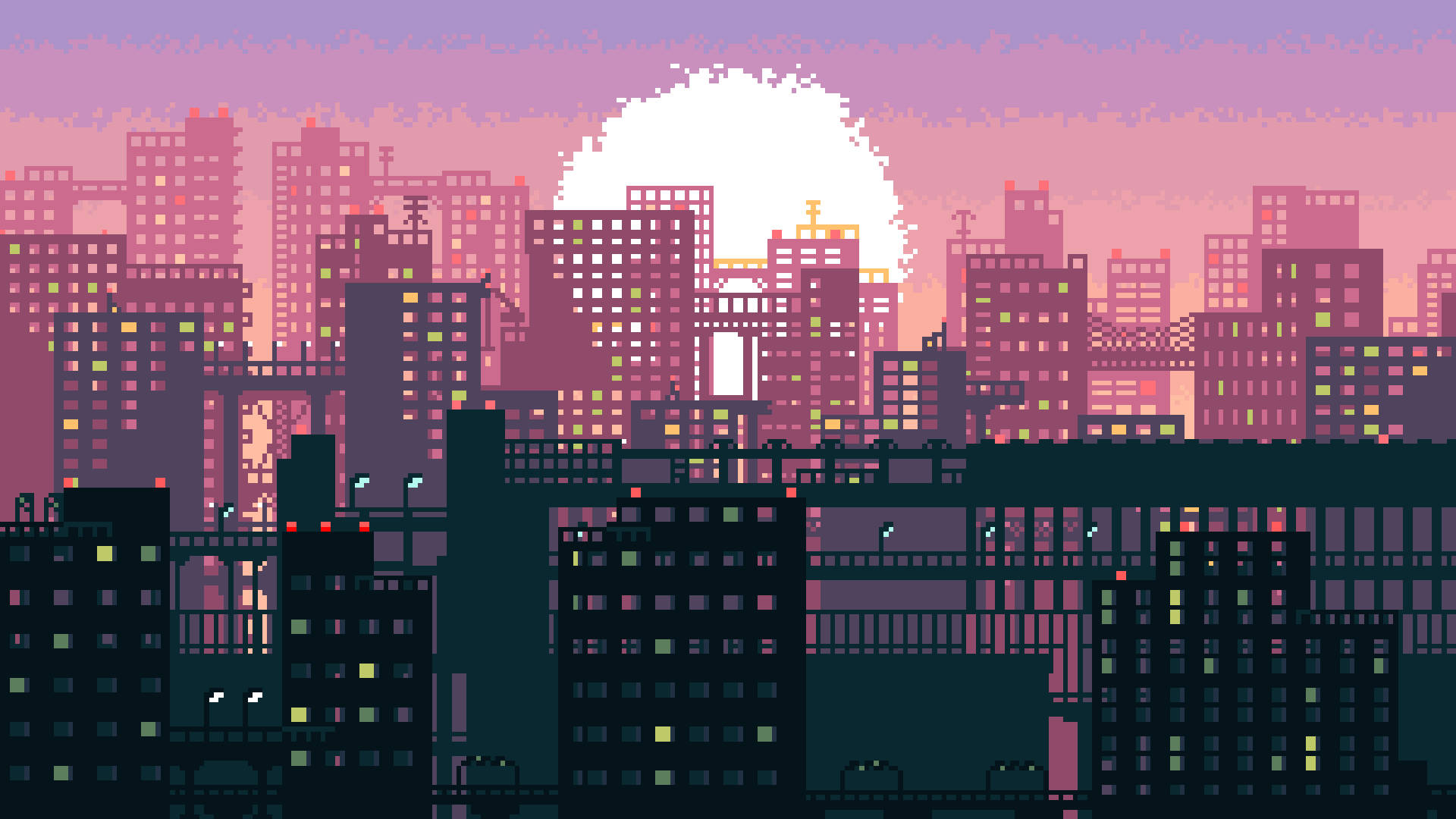 A Cityscape With Buildings And A Sunset Background