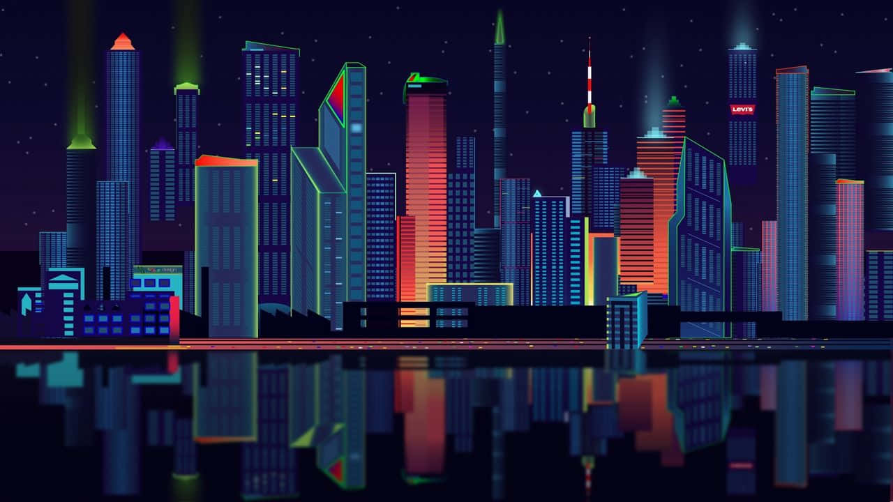 A Cityscape With Colorful Buildings At Night