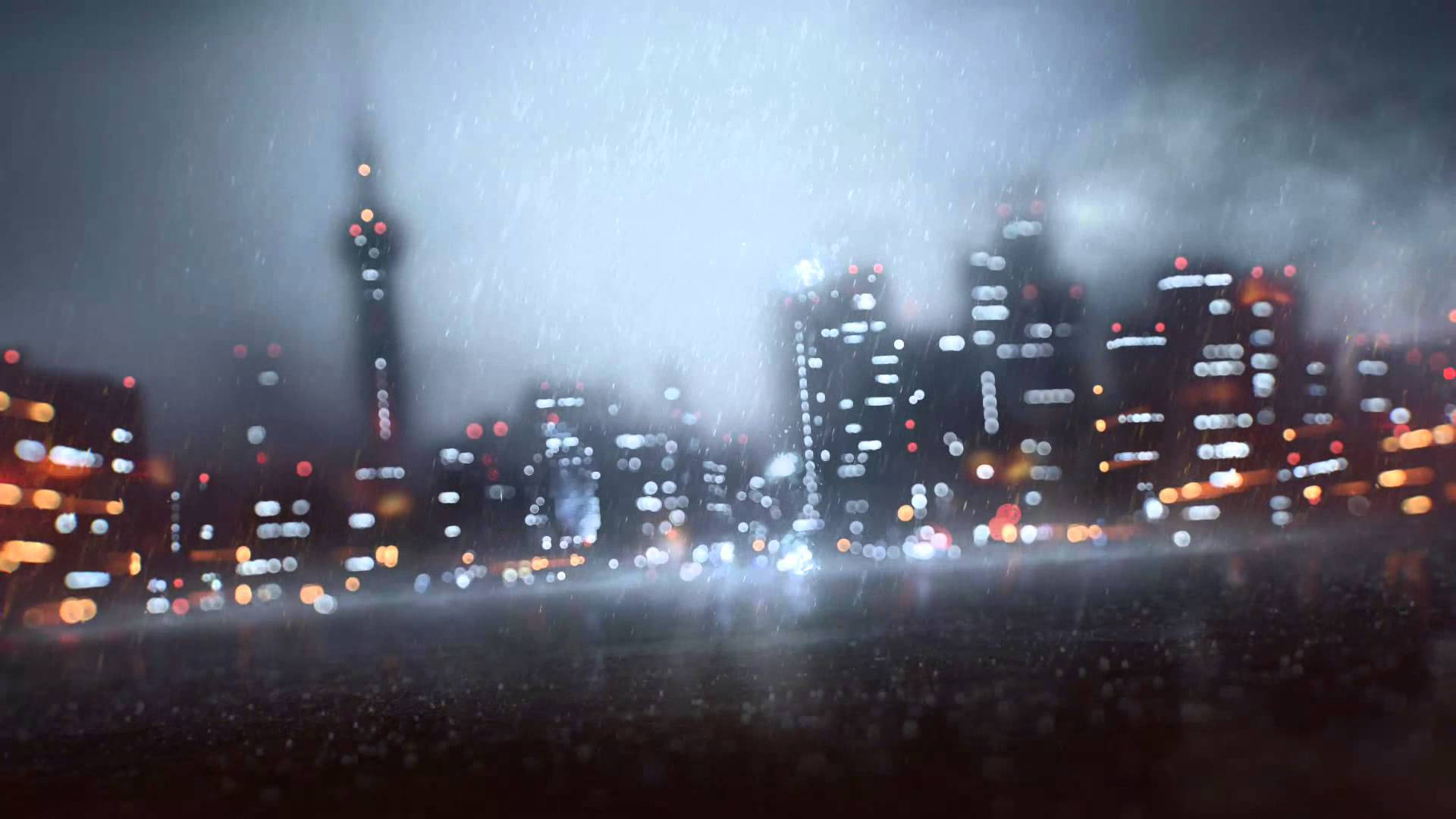 A Cityscape With Lights And Buildings In The Rain Background