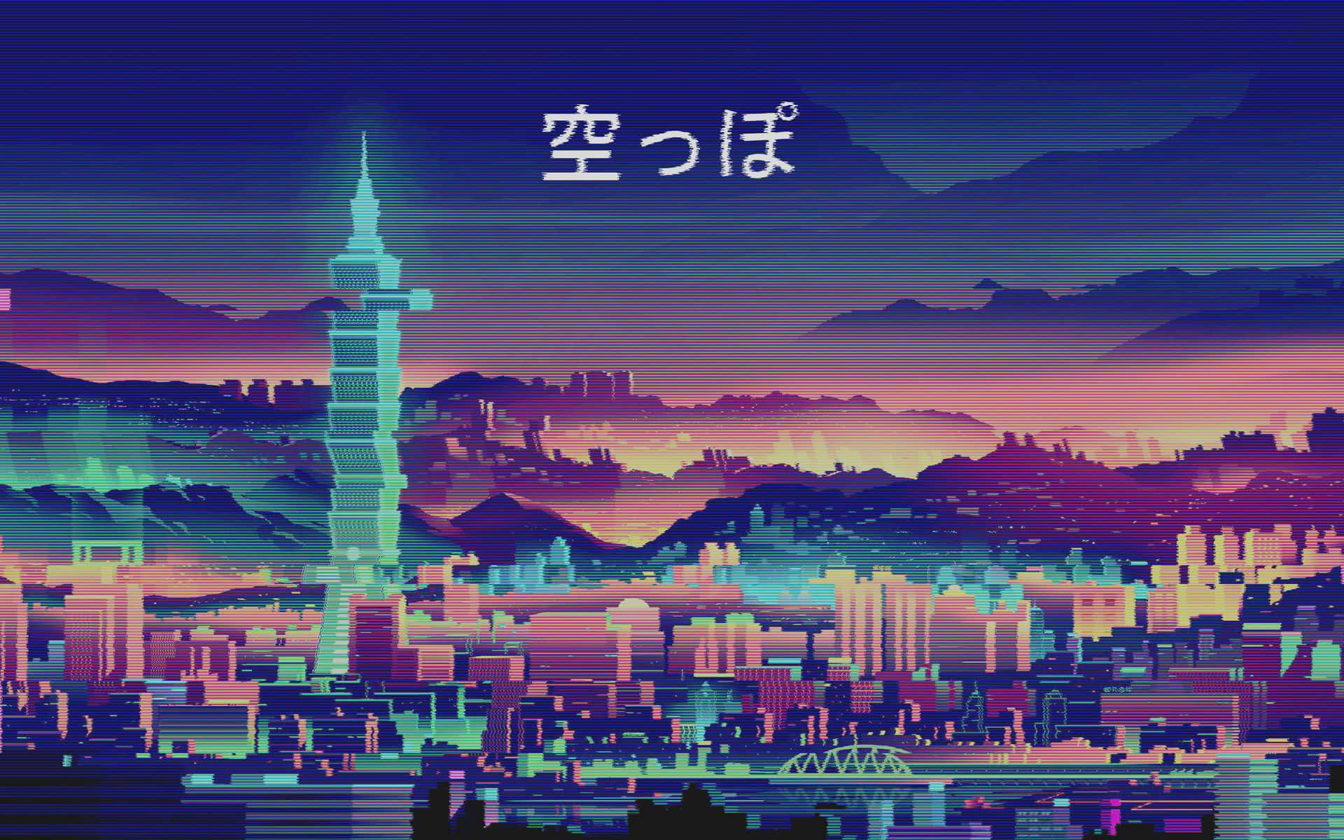 A Cityscape With Neon Lights And A City In The Background Background