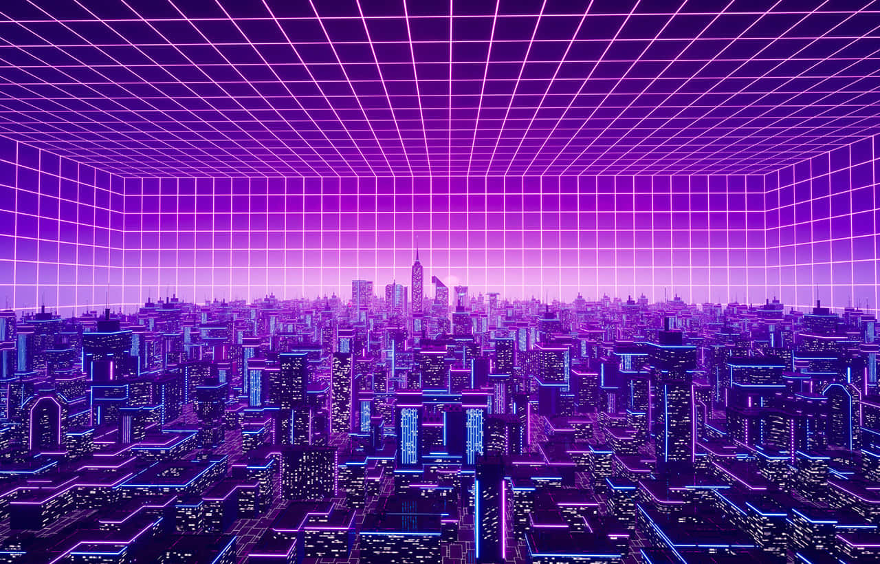 A Cityscape With Neon Lights And A Purple Background Background