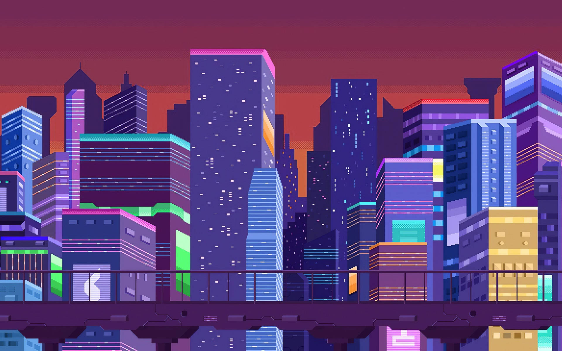 A Cityscape With Neon Lights And Buildings Background