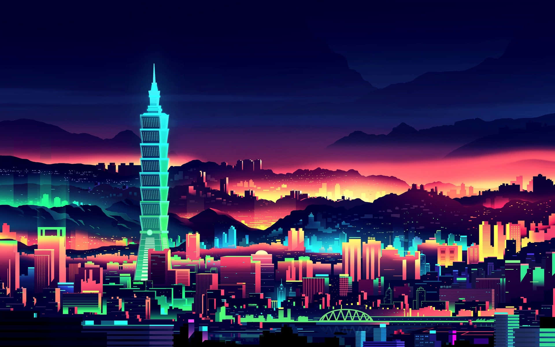 A Cityscape With Neon Lights And Mountains