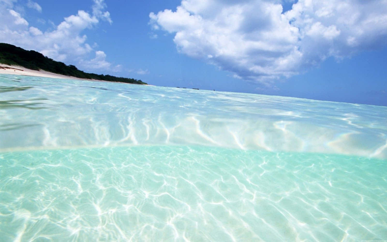 A Clear Blue Ocean With A White Cloud Background