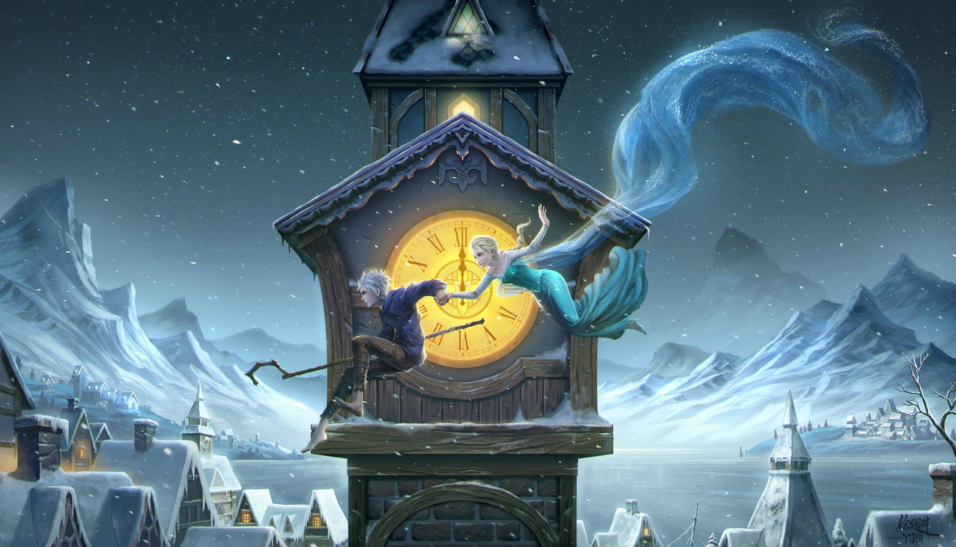 A Clock Tower With A Princess And A Clock Background