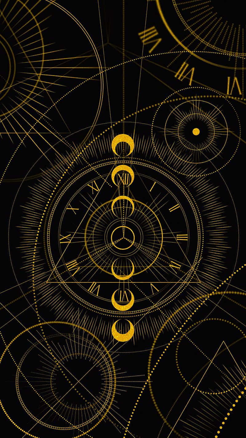 A Clock With Gold Lines On A Black Background Background