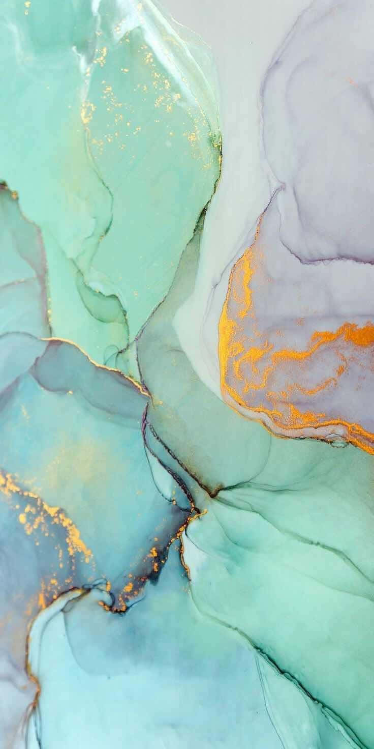A Close Up Of A Painting With Green, Blue And Gold Colors Background